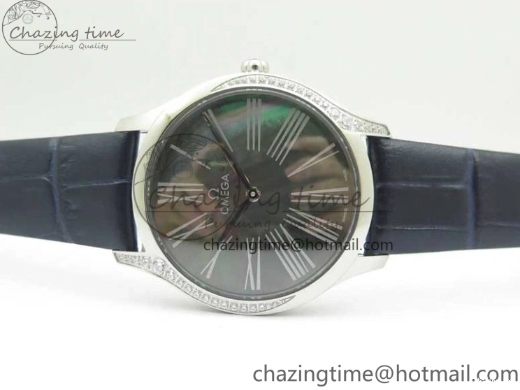 0701 UrbanChic Ladies’ De Ville Trésor Diamond SS 3AF 1:1 Best Edition Black MOP Dial On Black Leather Strap Swiss Quartz 7878